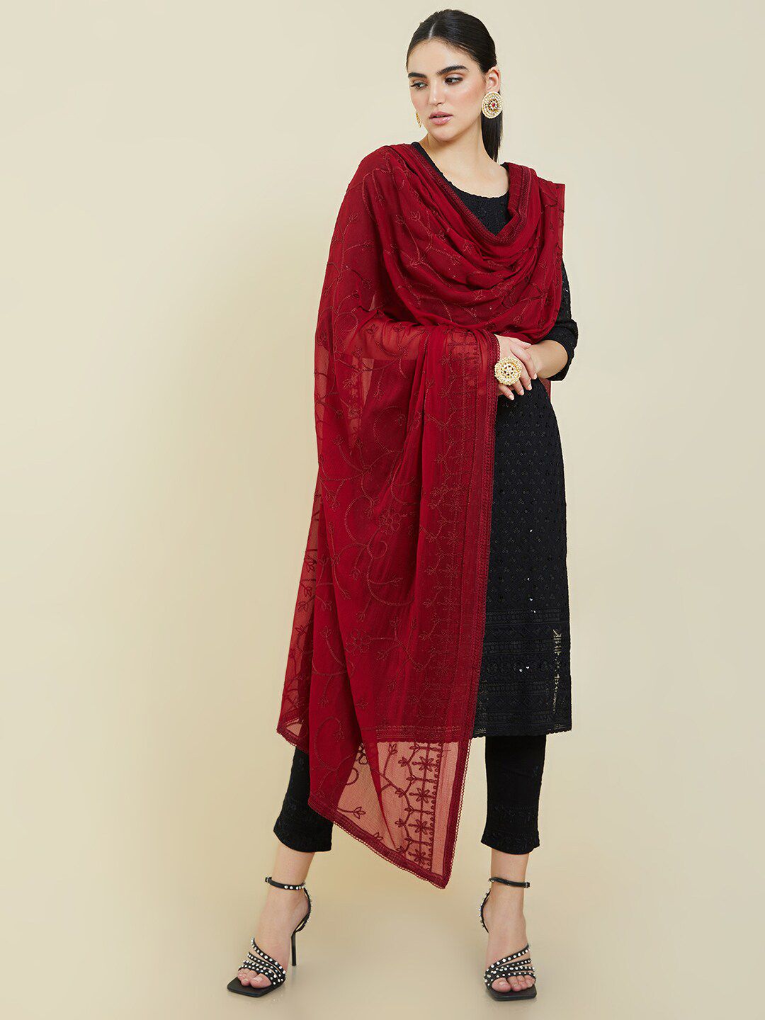 Soch Women Maroon Embroidered Dupatta-picture-30