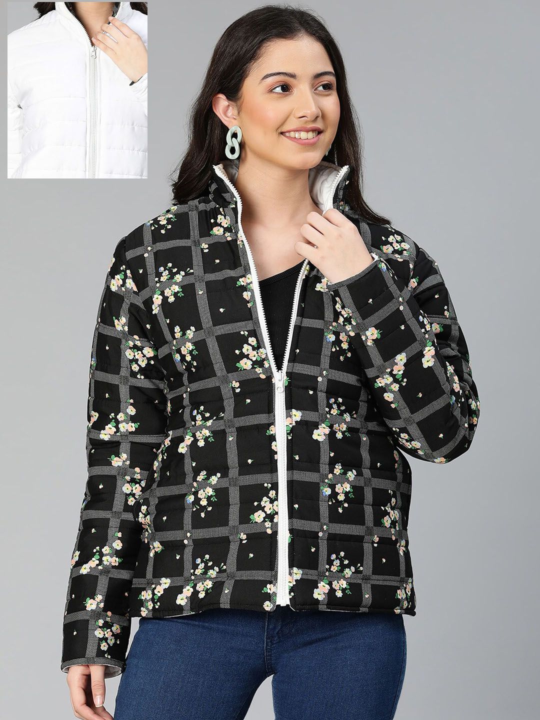 Oxolloxo Women Black White Floral Reversible Padded Jacket-picture-36