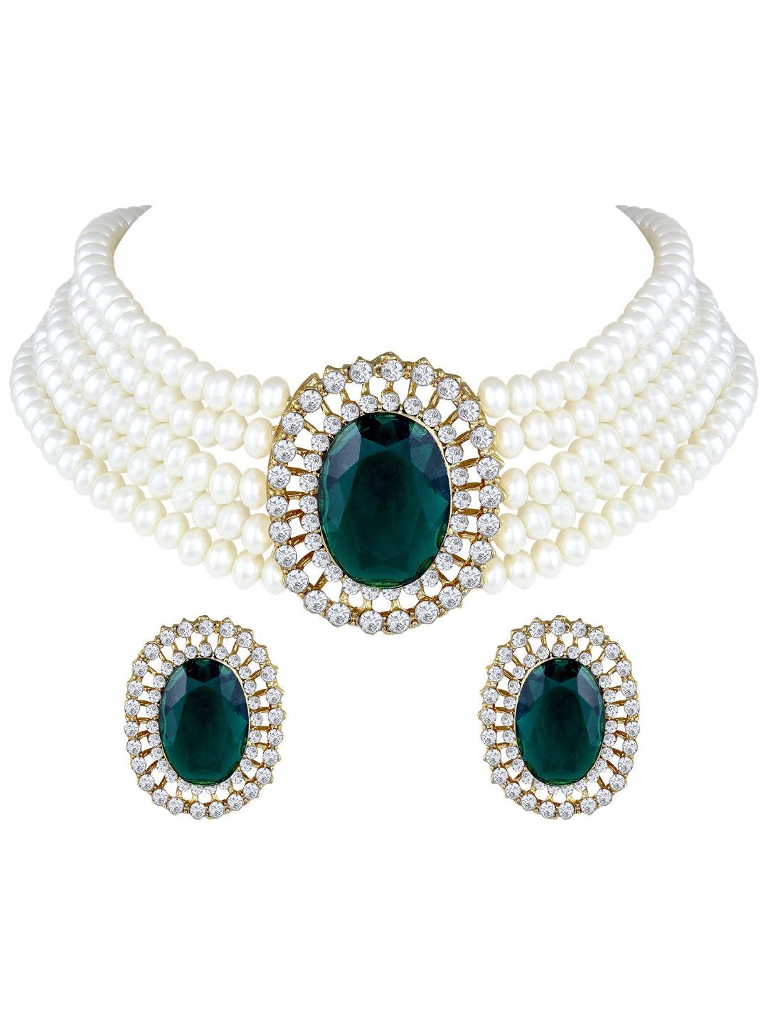 I Jewels Gold-Plated Green & White Pearls Studded & Beaded Jewellery Set-picture-21