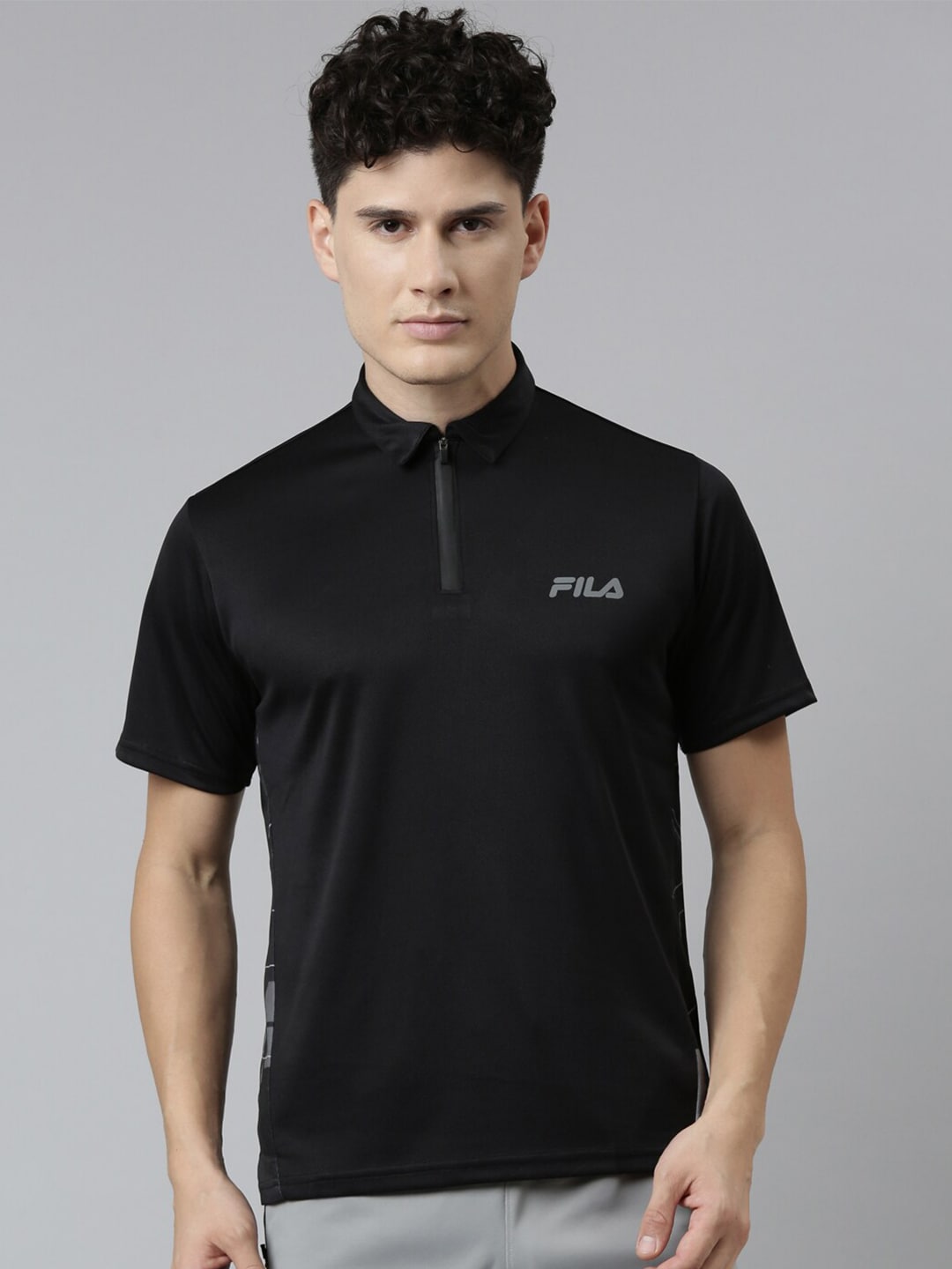FILA Men Black Printed High Neck Short Sleeve T-shirt