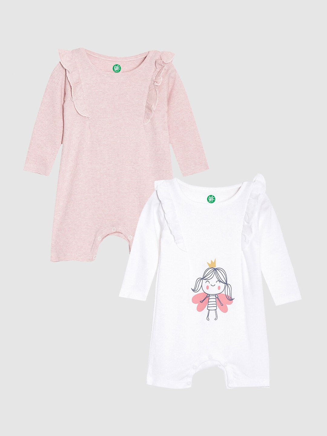 YK Organic Infants Girls Pack Of 2 Pink and White Pure Organic Cotton Rompers
