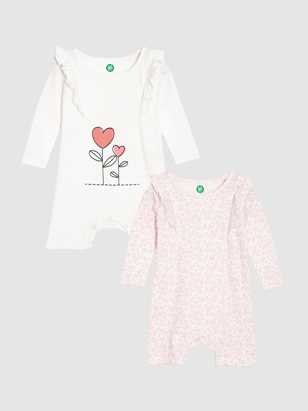 YK Organic Infant Girls Pack Of 2 Printed Pure Organic Cotton Rompers