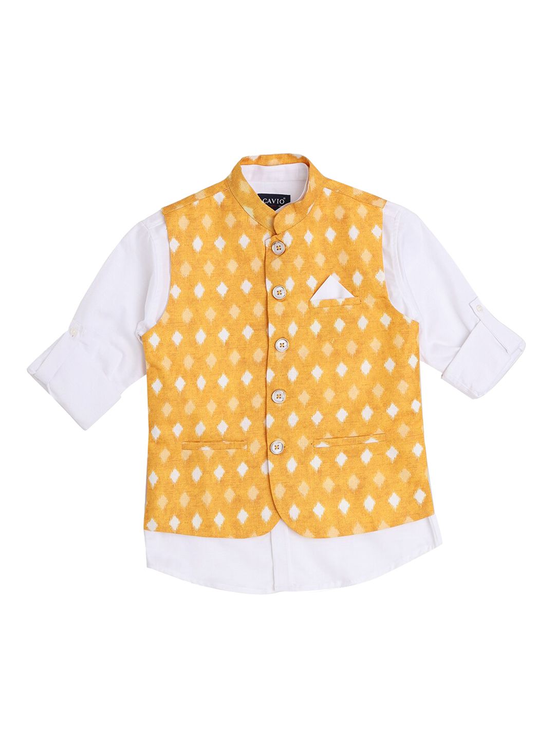 CAVIO Boys Yellow & White Colored Printed Nehru Jacket-picture-3