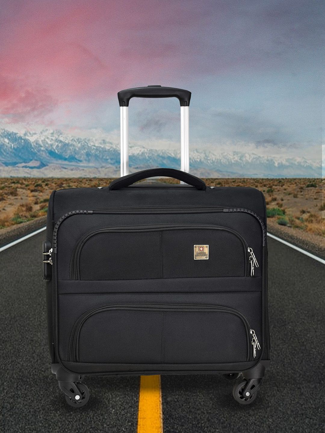 SWISS MILITARY Black Textured Overnighter Soft Sided Overnighter Trolley Bag-image-25