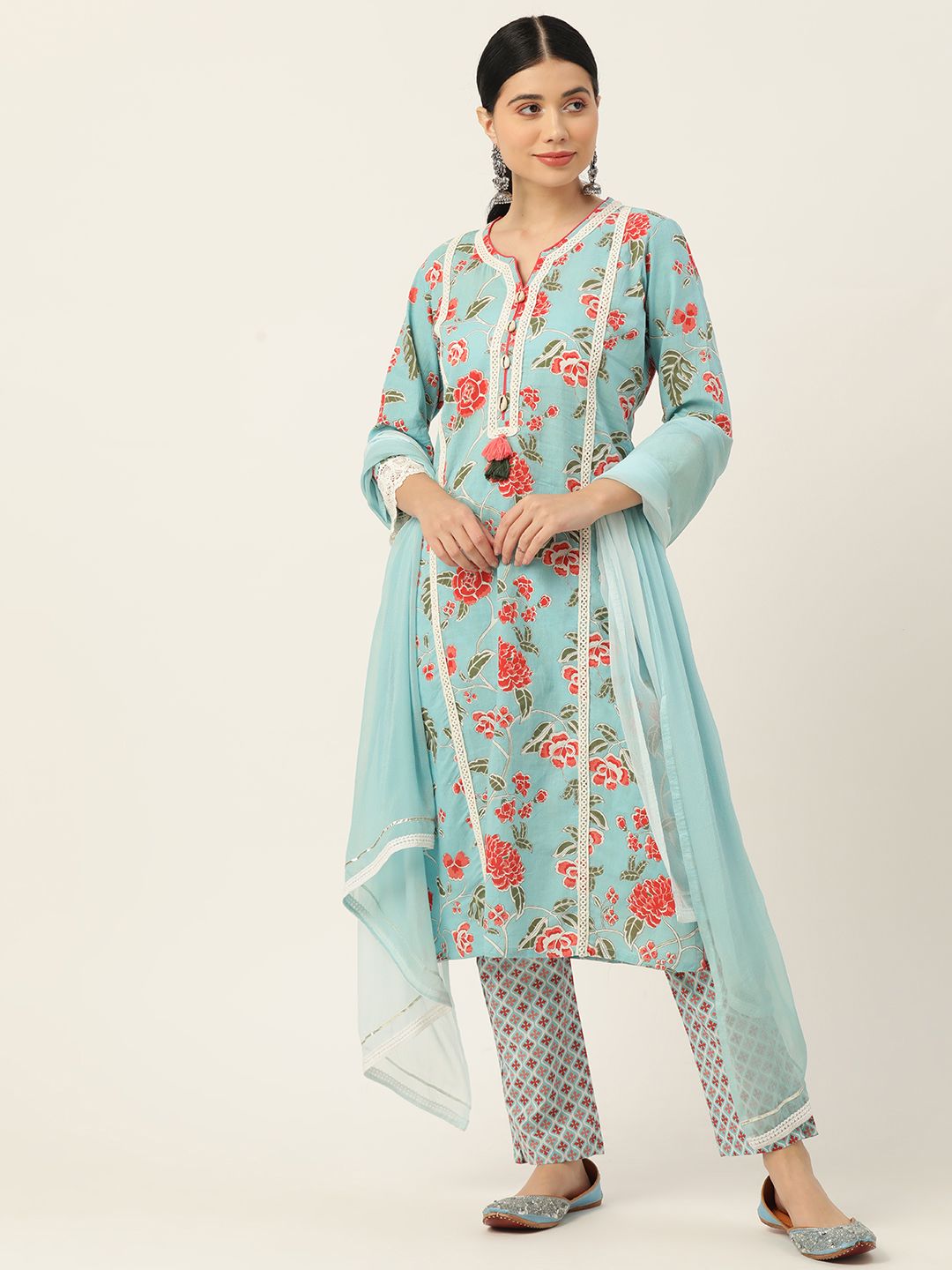 Jaipur Morni Women Blue Floral Printed Thread Work Pure Cotton Kurta with Trousers & With Dupatta