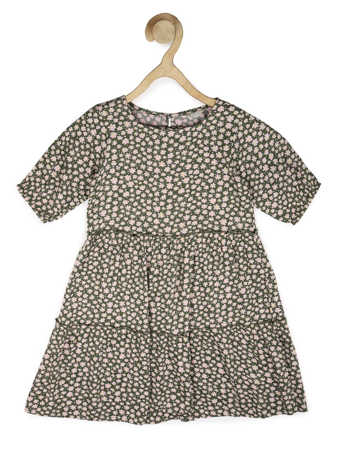 Peter England Girls Olive Green Floral A-Line Dress-picture-23