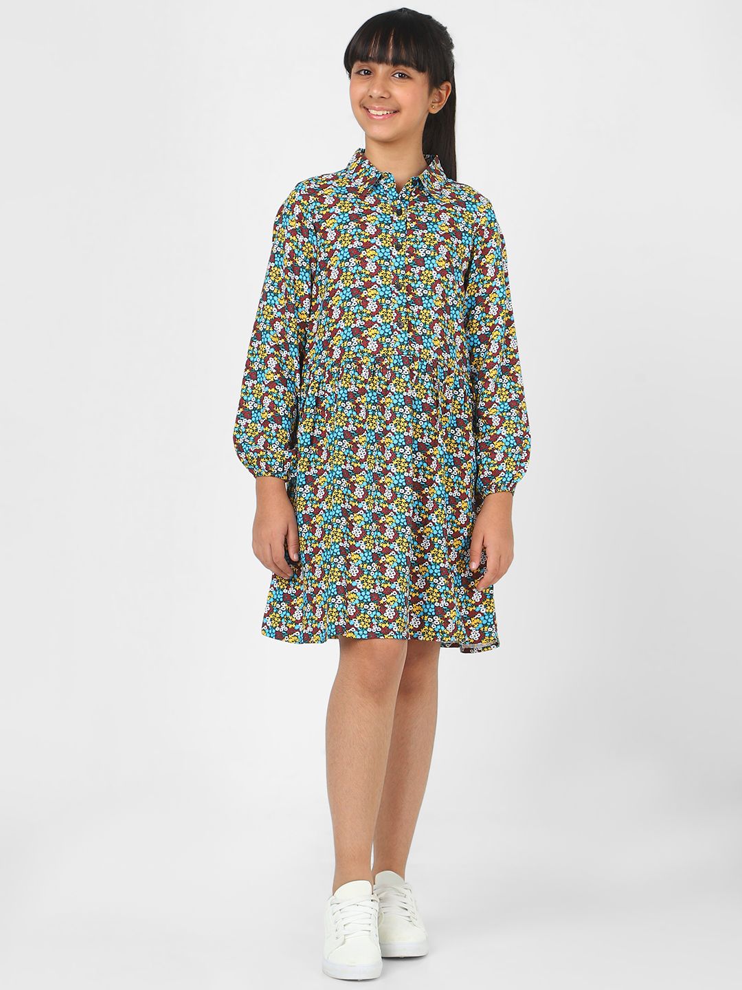 Peter England Girls Maroon & Yellow Floral Printed Pure Cotton A-Line Dress-picture-10