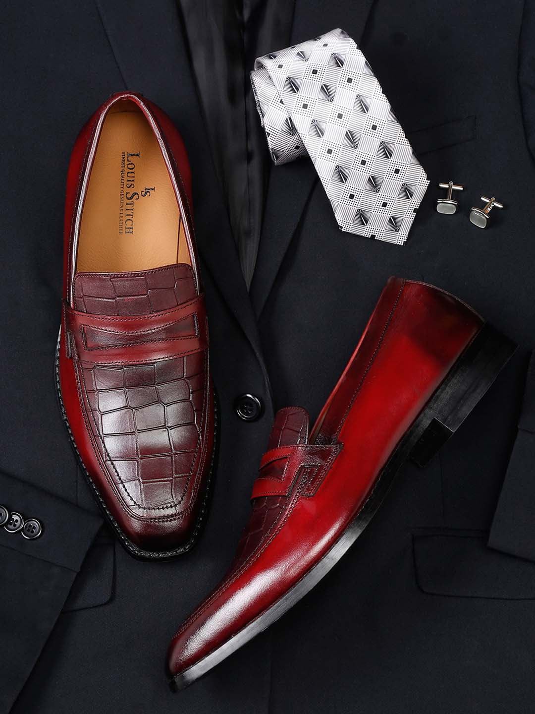 LOUIS STITCH Men Red Checkered Leather Formal Loafers-picture-10