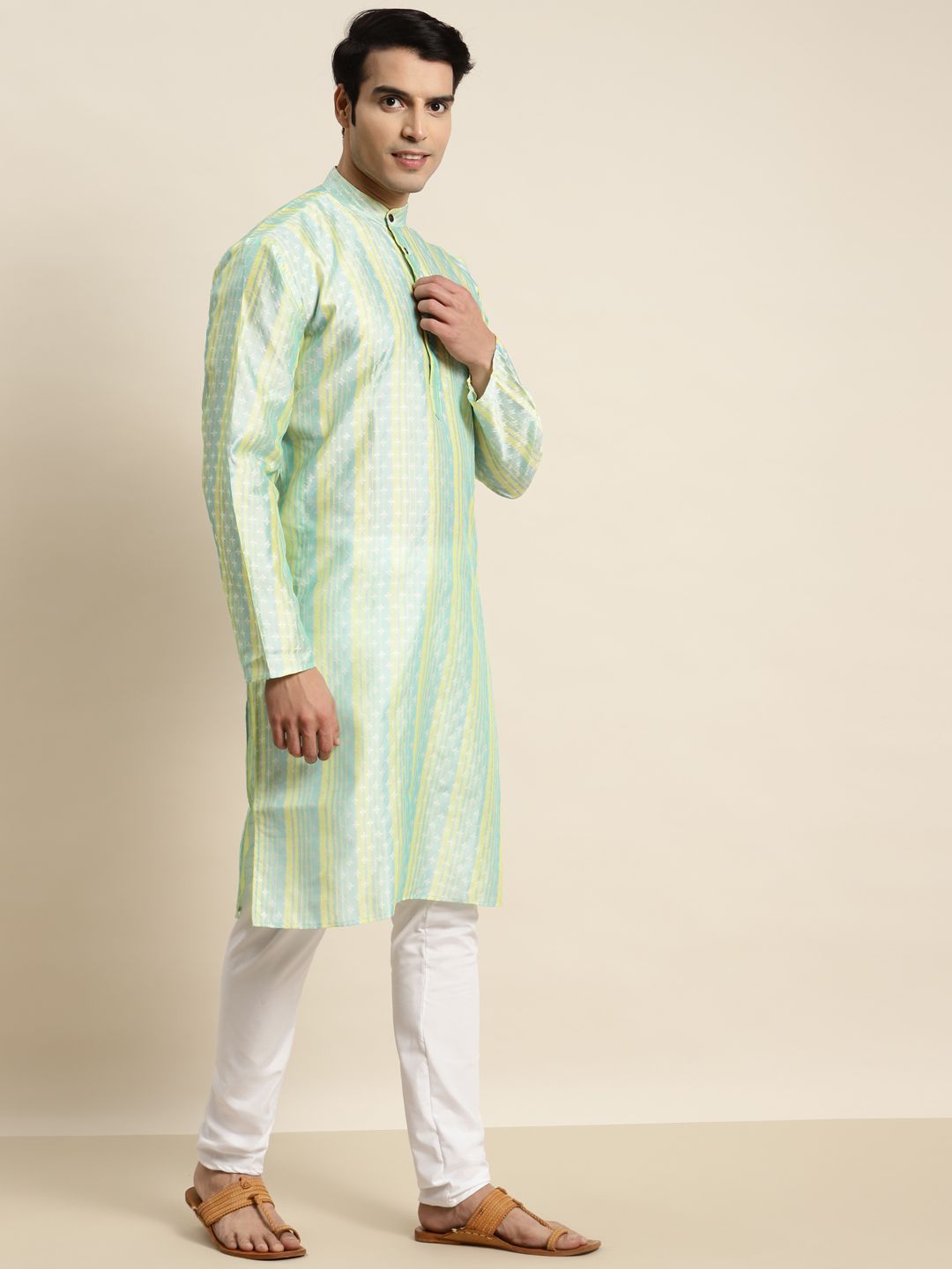 Persian Green - Jacquard Cotton Long Straight Kurta