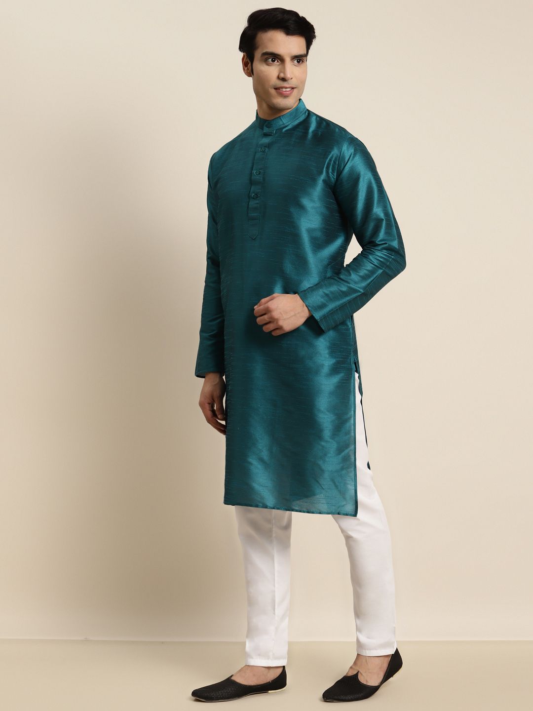 Sojanya Depuis 1958 Kurta Long En Coton Et Lin Imprimé Géométrique Pour Homme, Bleu, Petit