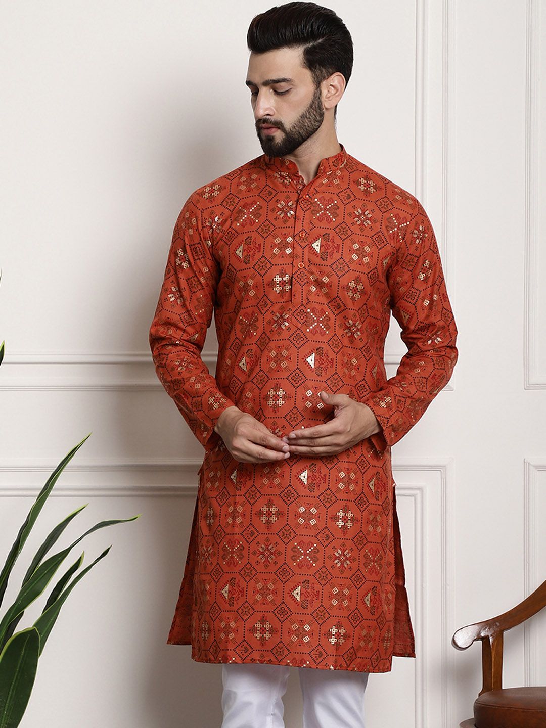 SOJANYA Men Orange & Black Geometric Printed Kurta-picture-37
