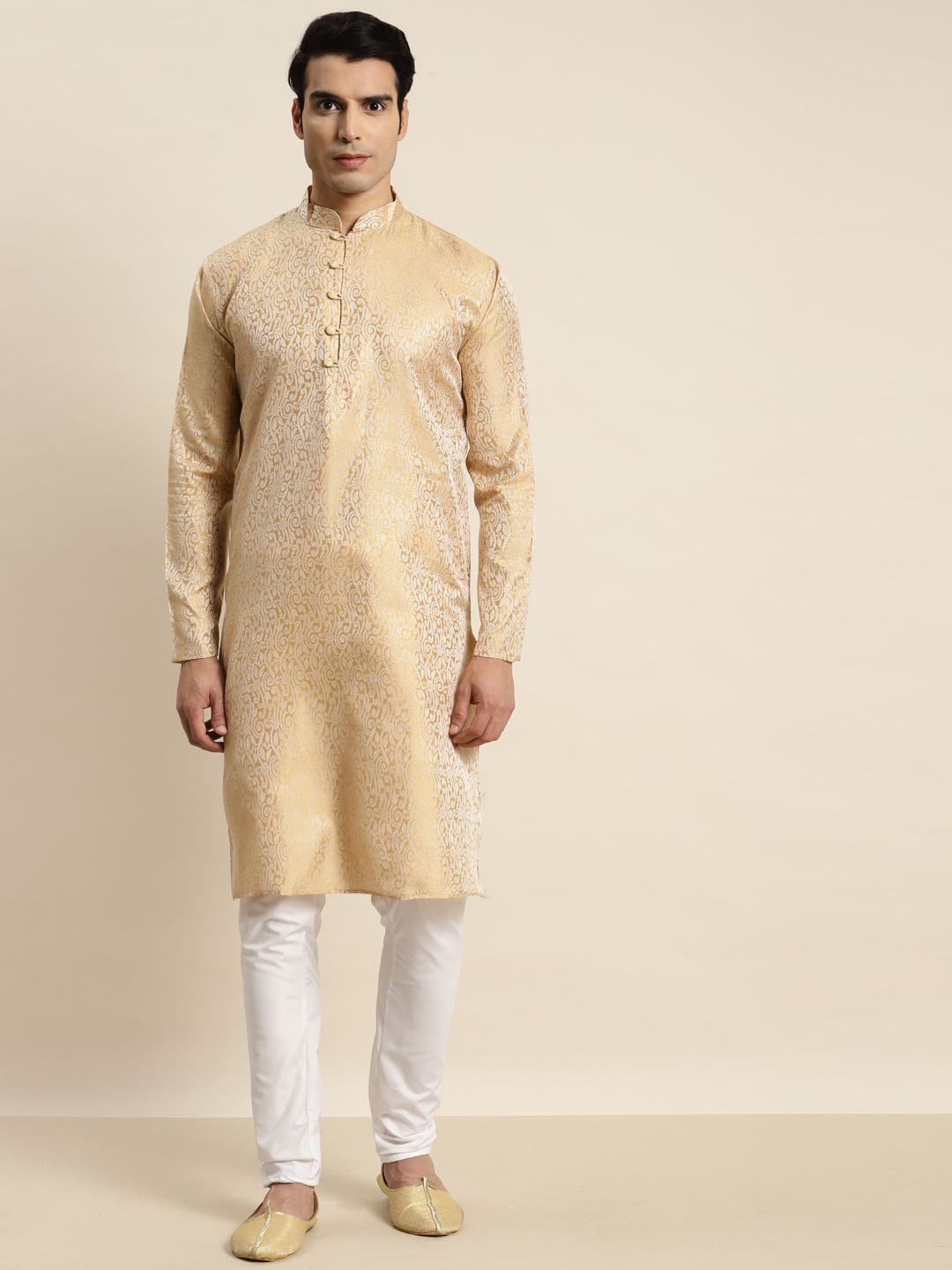 SOJANYA Men Gold-Toned & Cream-Coloured Ethnic Motifs Jacquard Kurta-picture-16