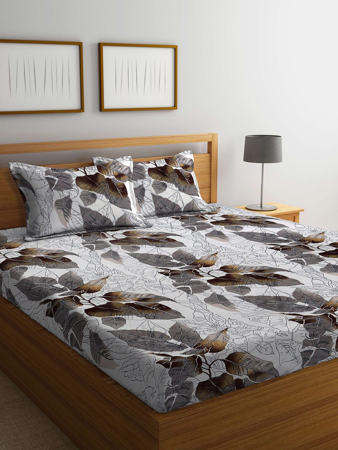 KLOTTHE White & Grey Floral 300 TC Super King Double Bedsheet With 2 Pillow Covers-image-6