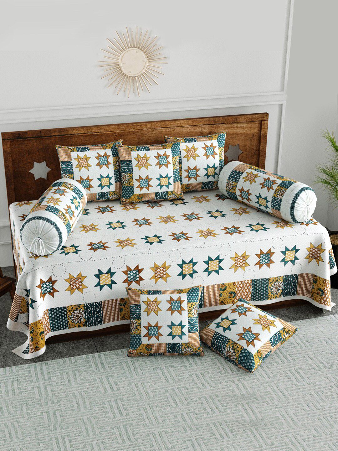 BLOCKS OF INDIA Set Of 8 White & Teal Green Printed Cotton Diwan Set