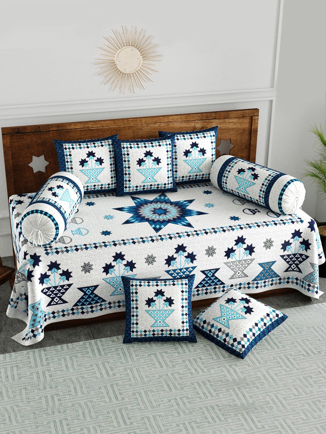 BLOCKS OF INDIA Set Of 8 White & Blue Printed Cotton Diwan Set-image-36