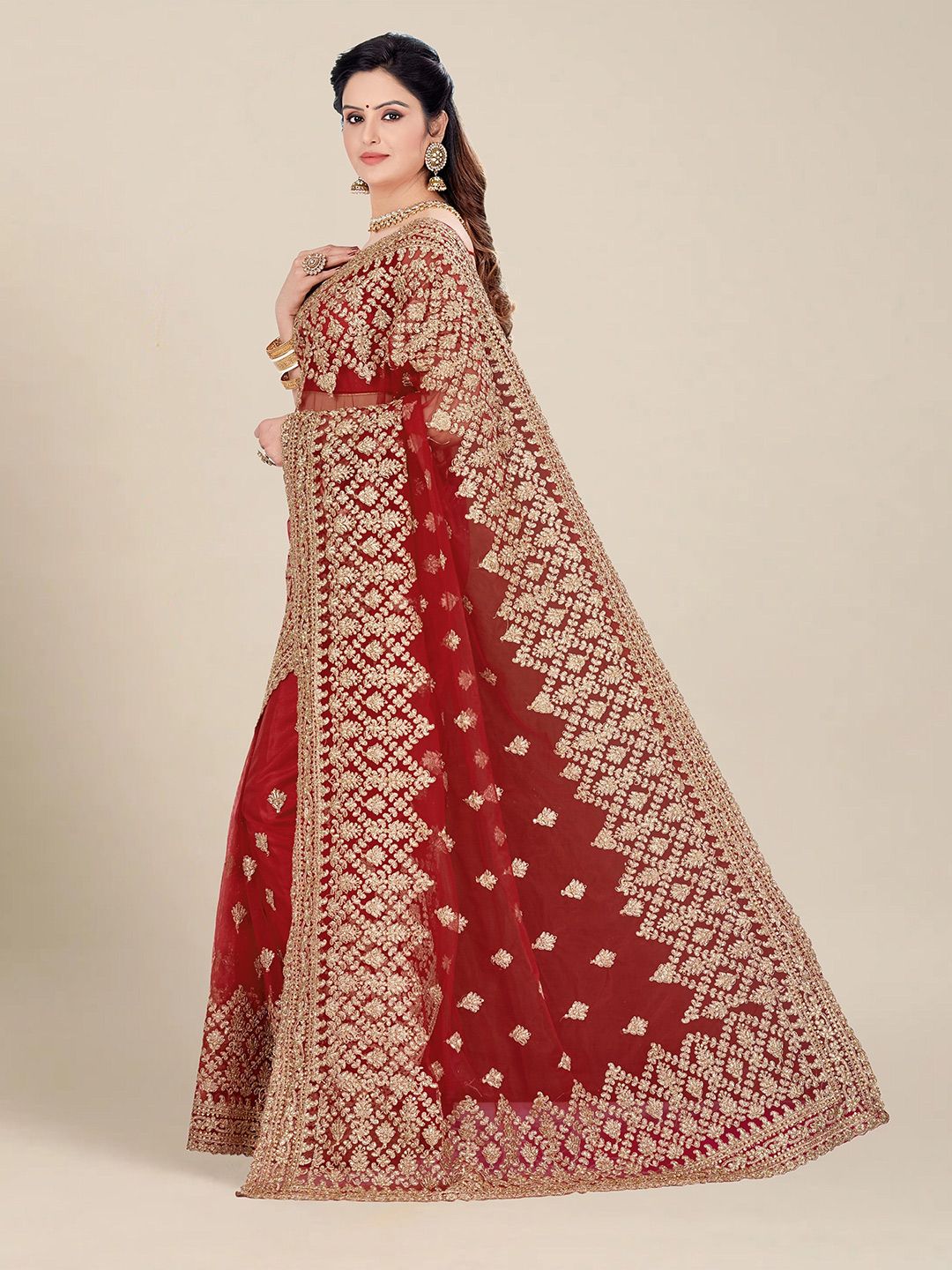 MS RETAIL Red & Gold-Toned Embellished & Embroidered Net Heavy Work Saree