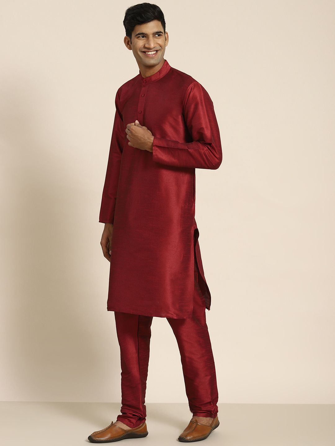 Buy SOJANYA Men Maroon Mirror Work Kurta With Churidar With Nehru
