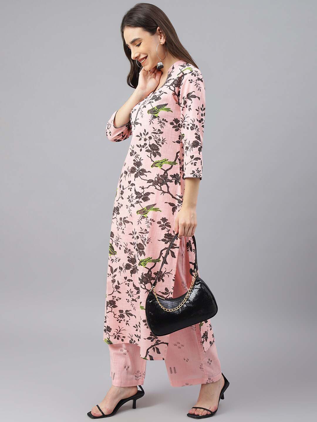 Women Multi Floral Printed Cotton Kurta with Yellow Printed Palazzo & Side Pocket