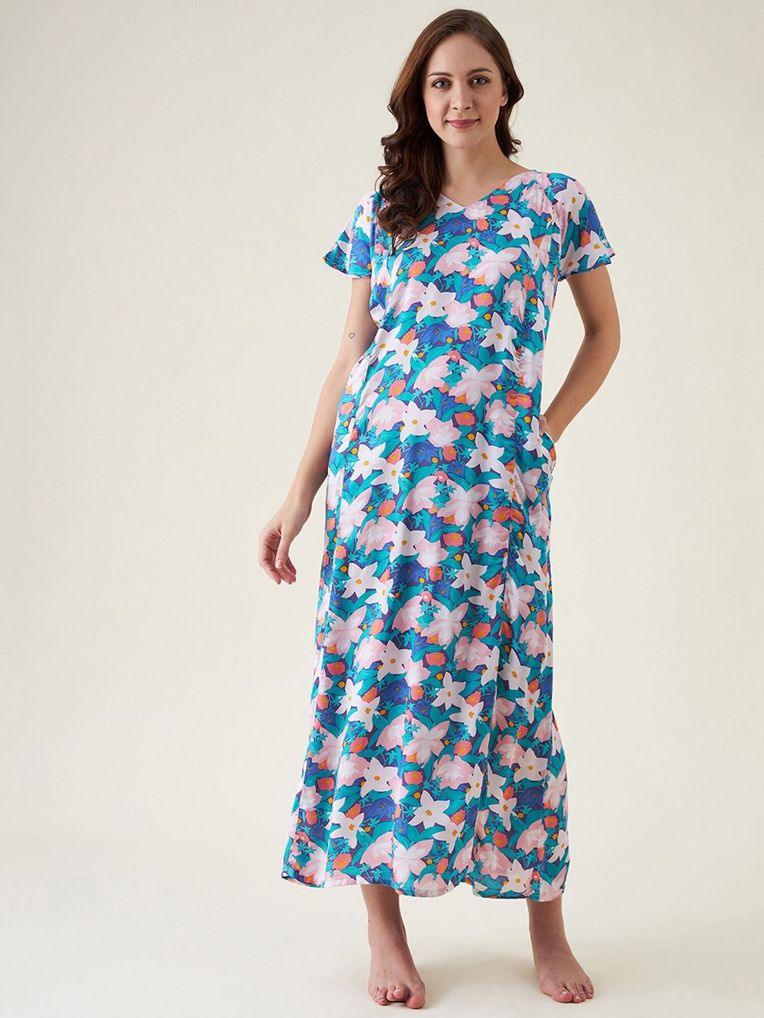 The Kaftan Company Blue Printed Maxi Nightdress