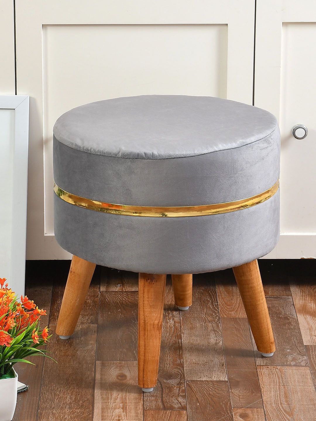 RIANCE CREATIONS Grey Round Wooden Velvet Ottomans