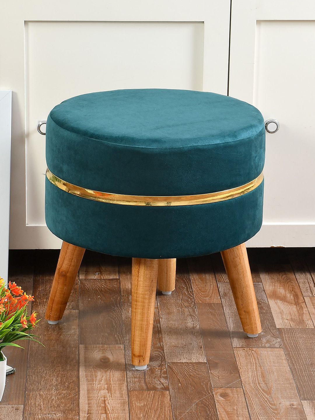 RIANCE CREATIONS Teal Green Round Wooden Velvet Ottomans-picture-13