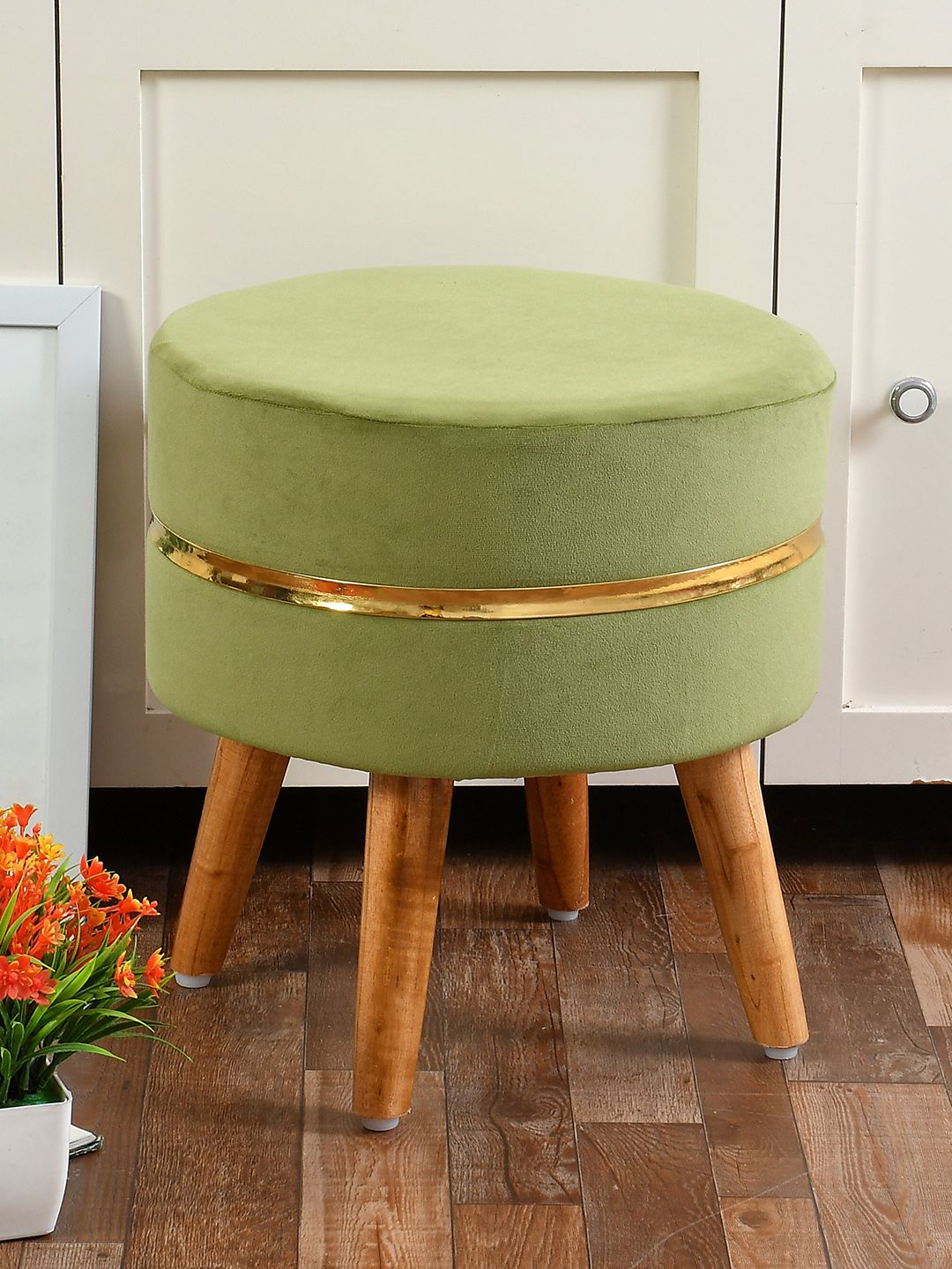 RIANCE CREATIONS Green Round Wooden Velvet Ottomans-picture-12