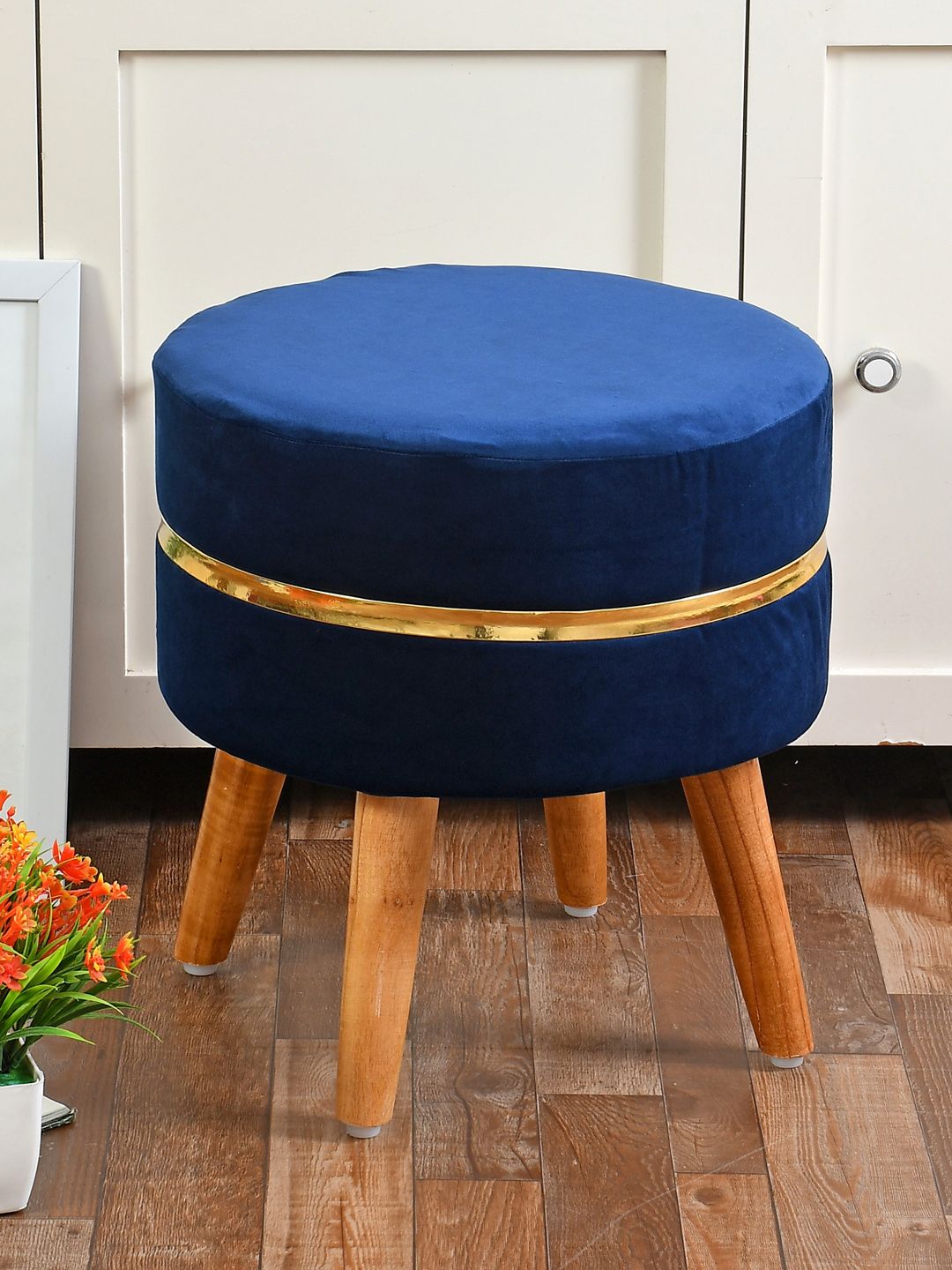 RIANCE CREATIONS Navy Blue Solid Ottoman With Golden Ring & Wood Legs-image-29