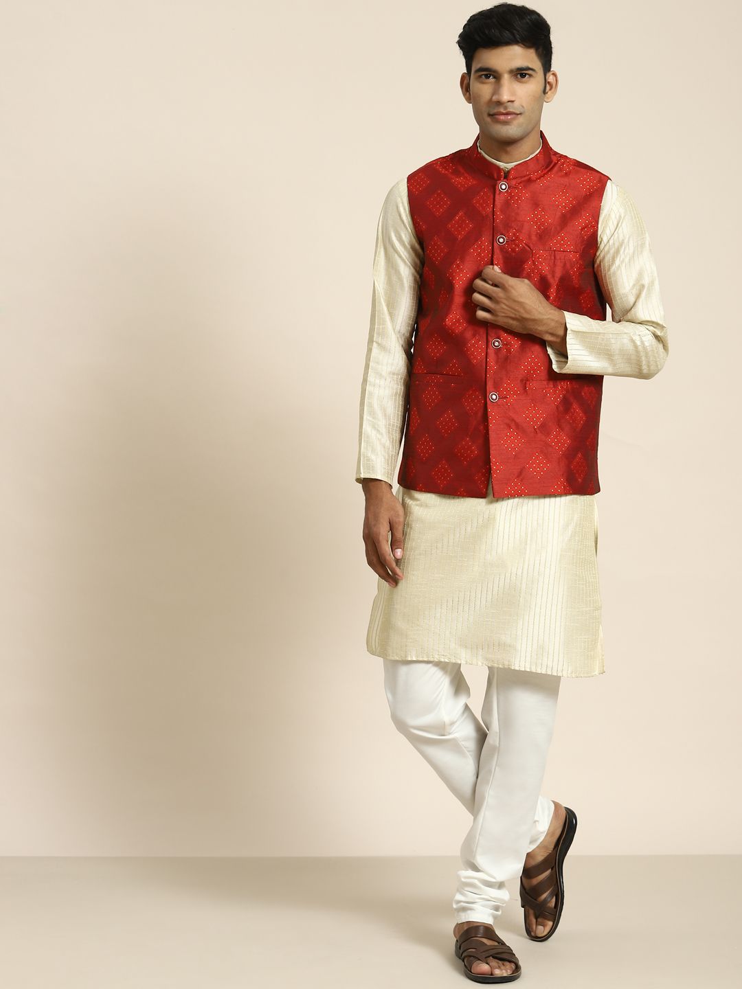Buy SOJANYA Men Cream Coloured Kurta With Churidar - Kurta Sets for Men