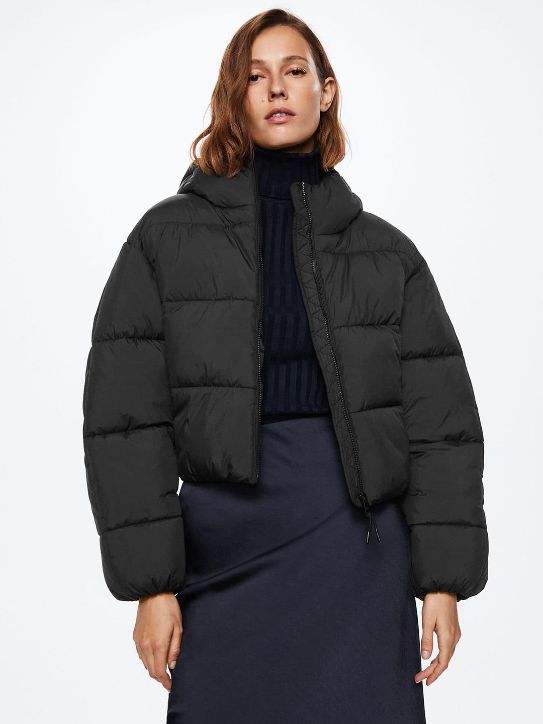 Mango oversized longline zip front outlet padded coat in black