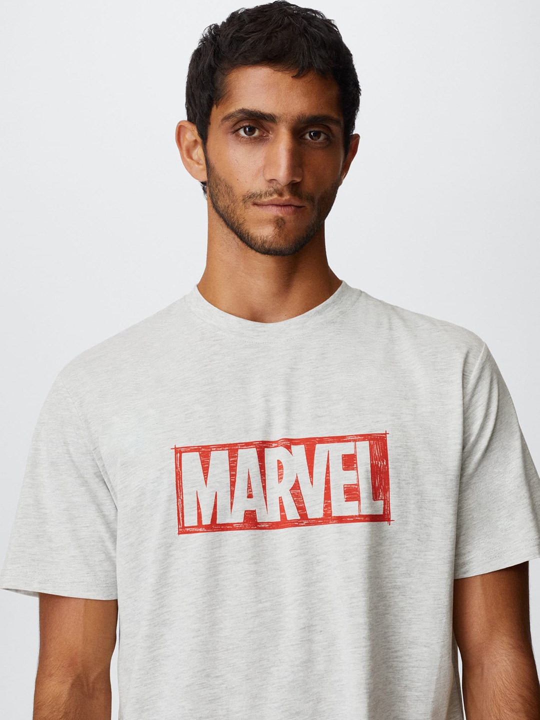 MANGO MAN Grey Melange & Red Marvel Print Sustainable T-shirt