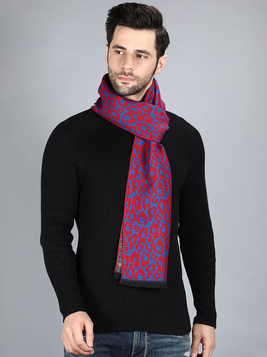 Alvaro Castagnino Men Red & Blue Animal Printed Merino Wool Muffler-image-1