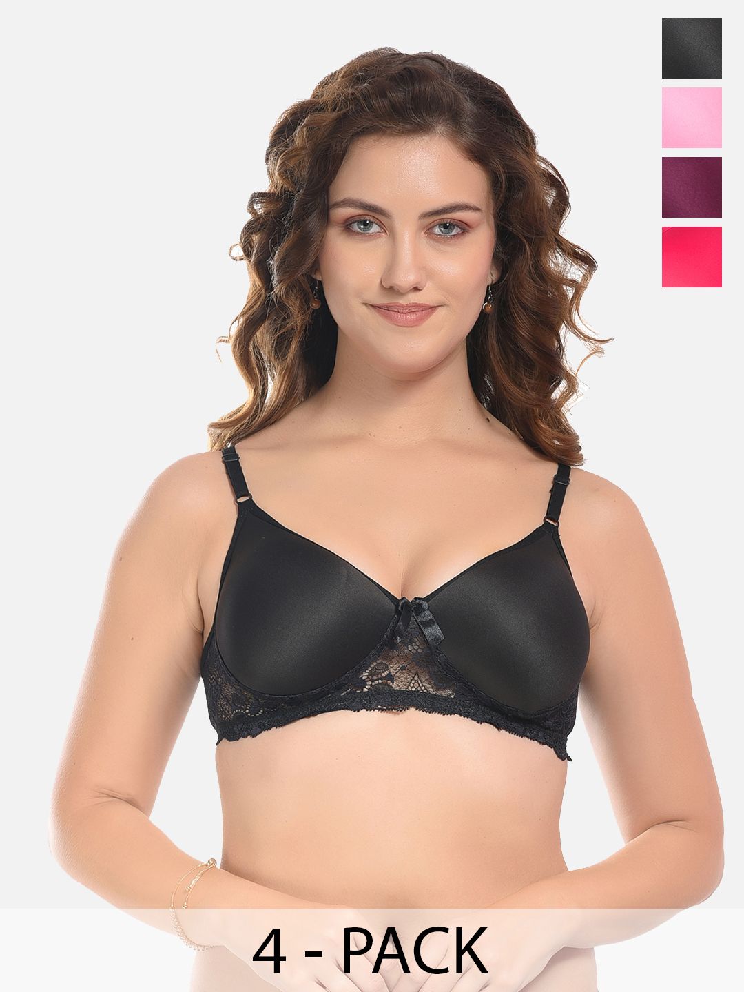 FIMS Pink & Black Pack of 4 Cotton Lightly Padded Bra-picture-28