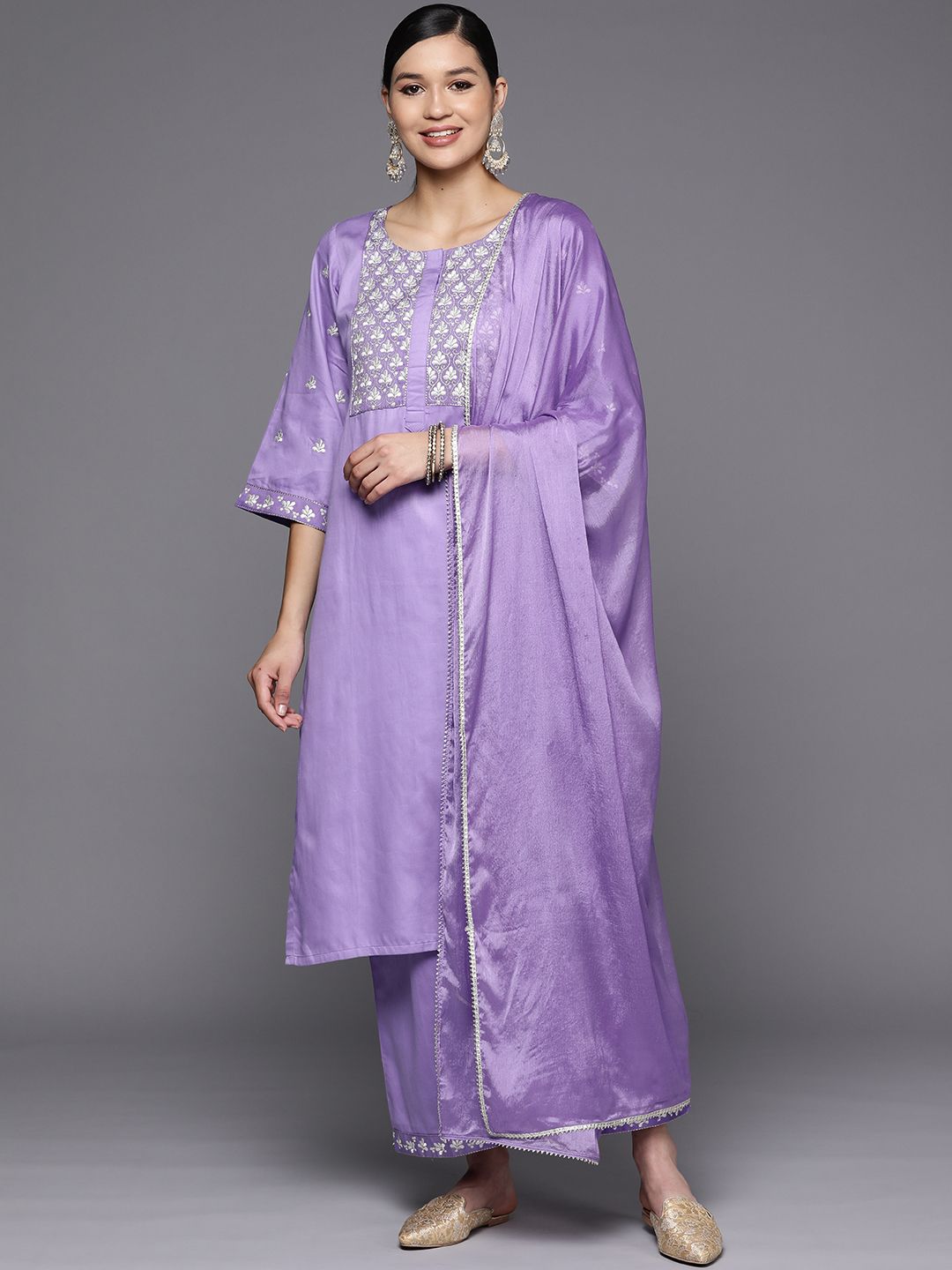 Women Liva Rayon Lilac Embroidered Kurta Comfort Pant Dupatta main image 0