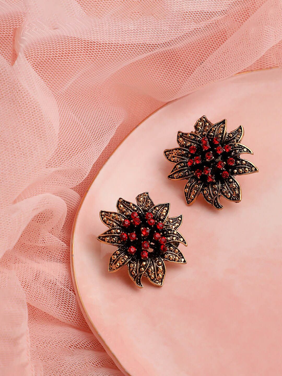 SOHI Gold-Toned & Red Floral Studs Earrings-picture-17