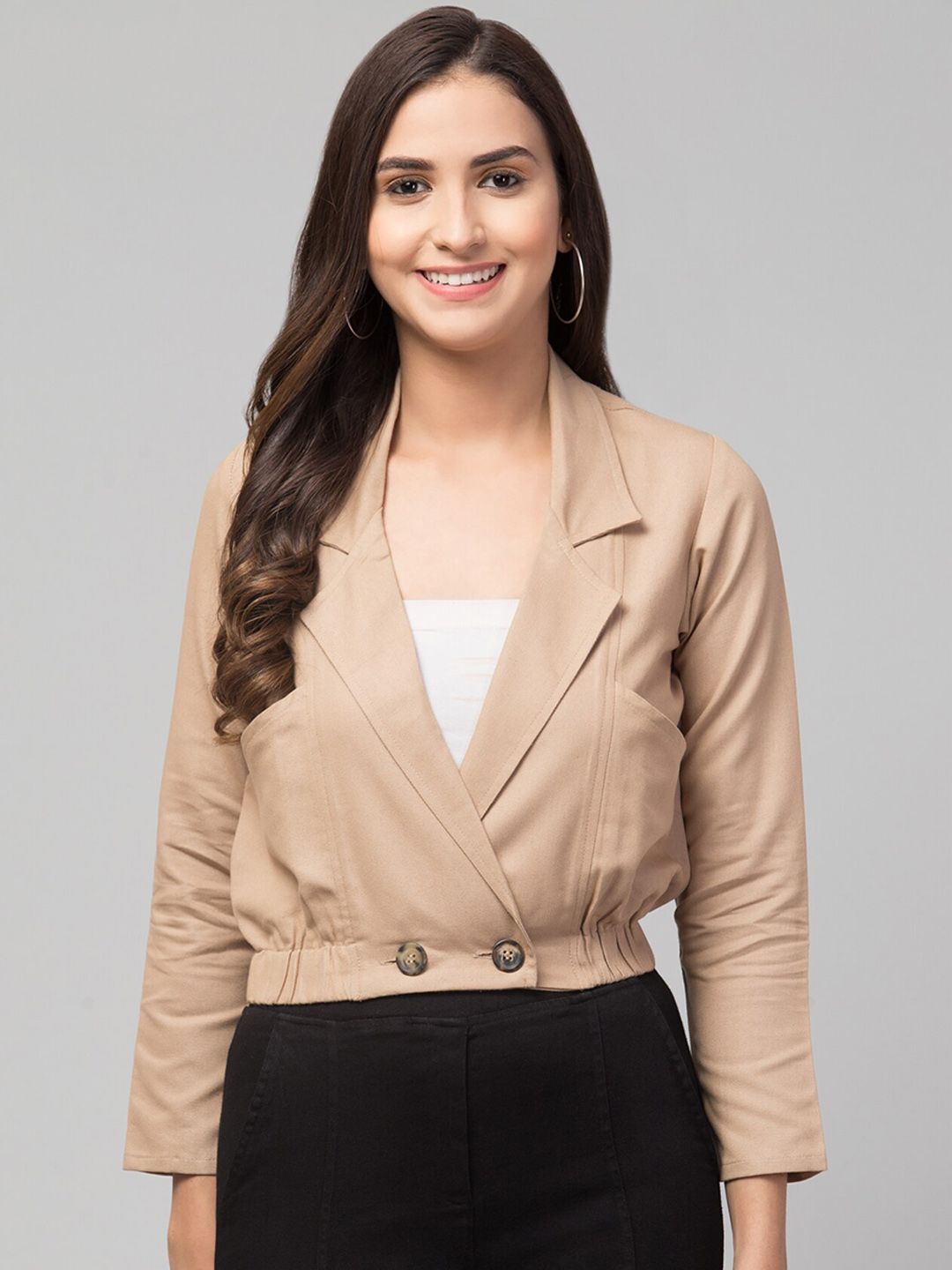 Orchid Blues Women Beige Solid Comfort-Fit Double Breasted Pure Cotton Crop Blazer-picture-14