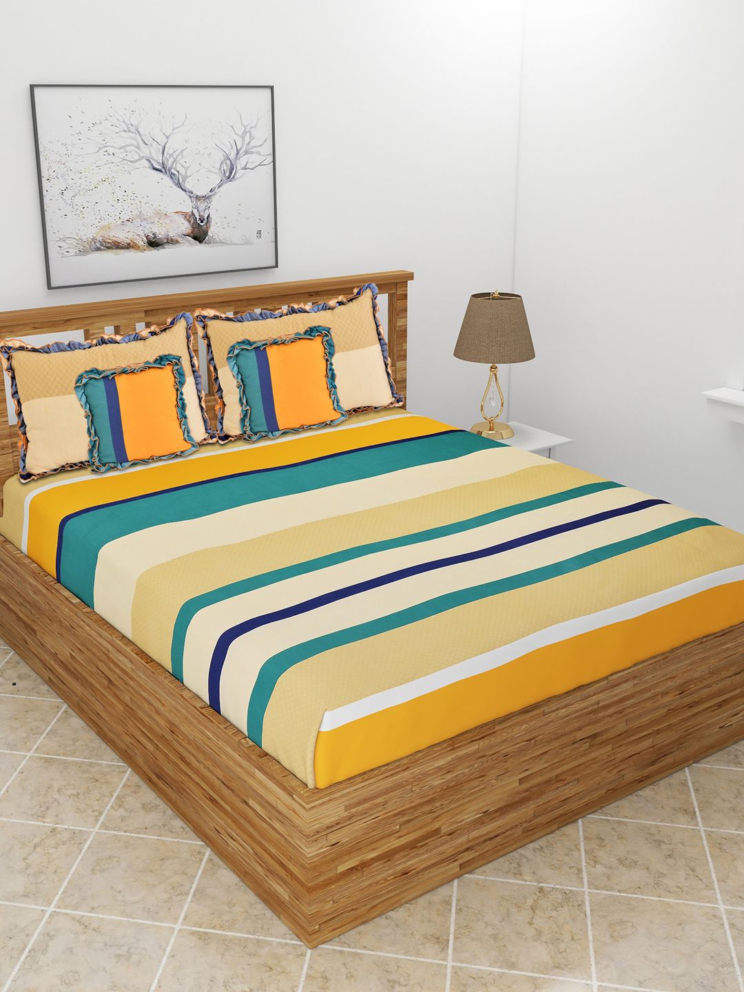 MORADO Set Of 5 Yellow Striped Double Queen Bedding Set With Pillow Covers-image-12