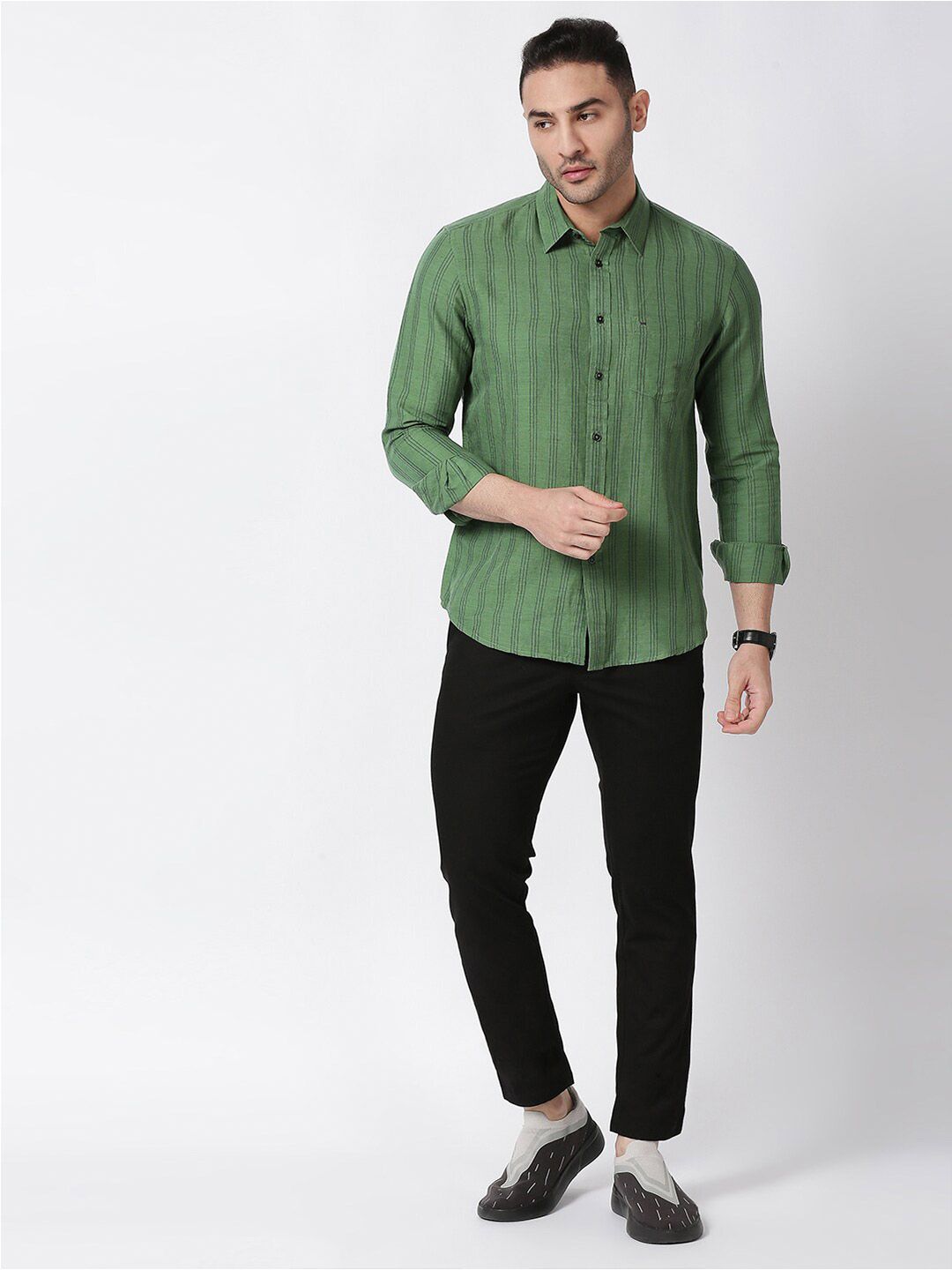 Men's Green Premium Slim Fit Horizontal Striped Cotton Casual Shirt