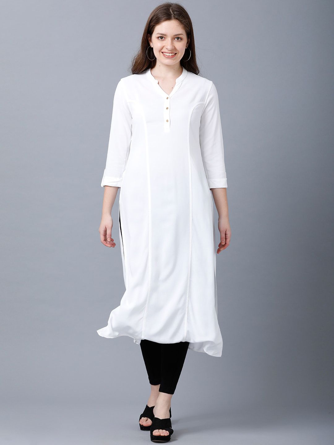 IDENTITI Women White Romance Roll Up Sleeve Kurta-image-9