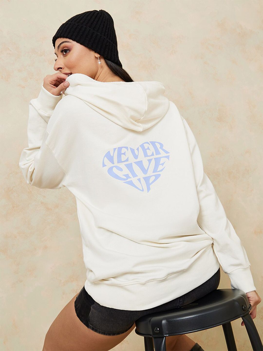Styli Women Cream-Coloured Printed Cotton Hooded Sweatshirt-picture-19