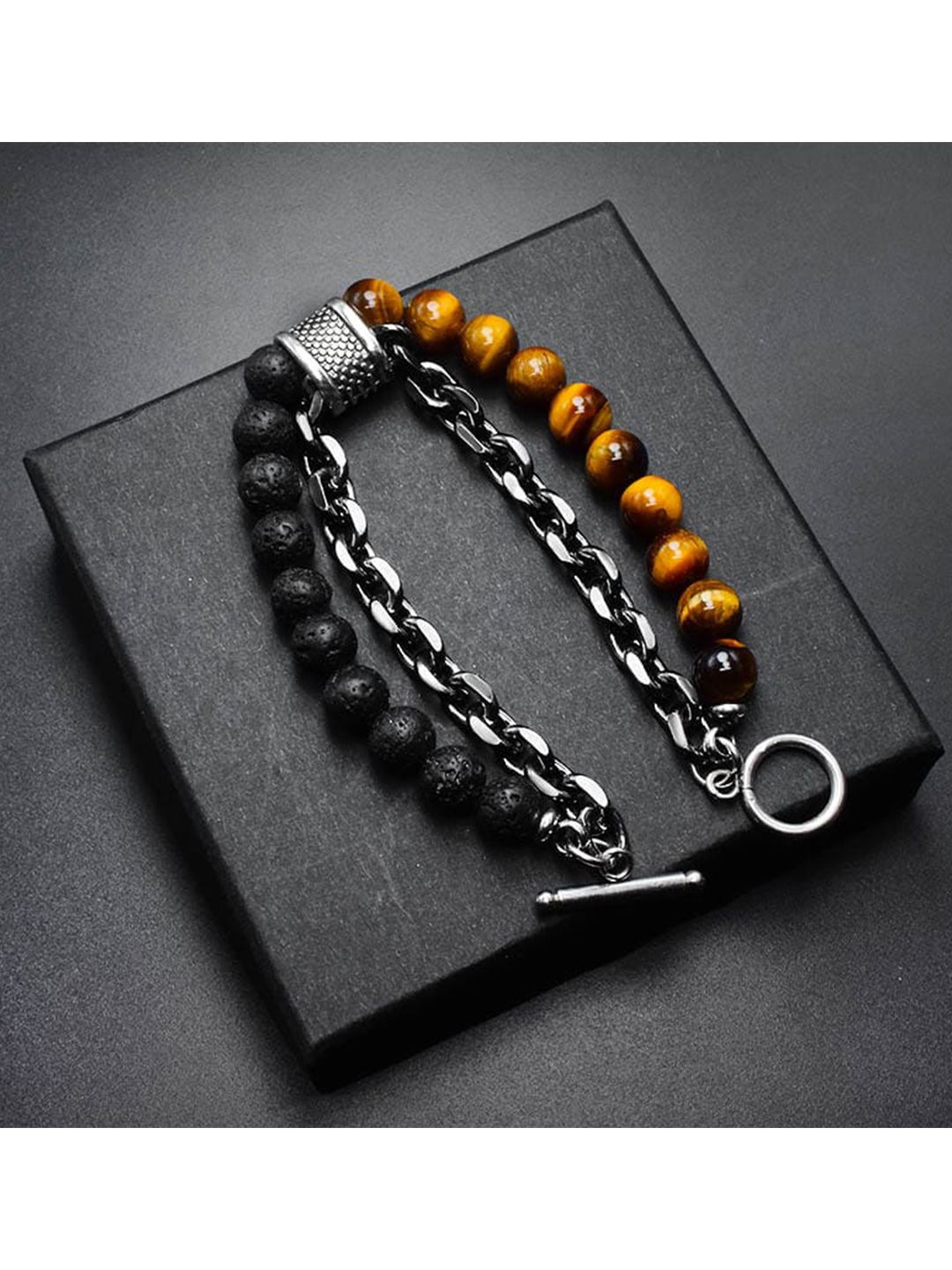 Fashion Frill Men Silver-Toned & Brown Tigers Eye Silver-Plated Charm Bracelet-picture-17