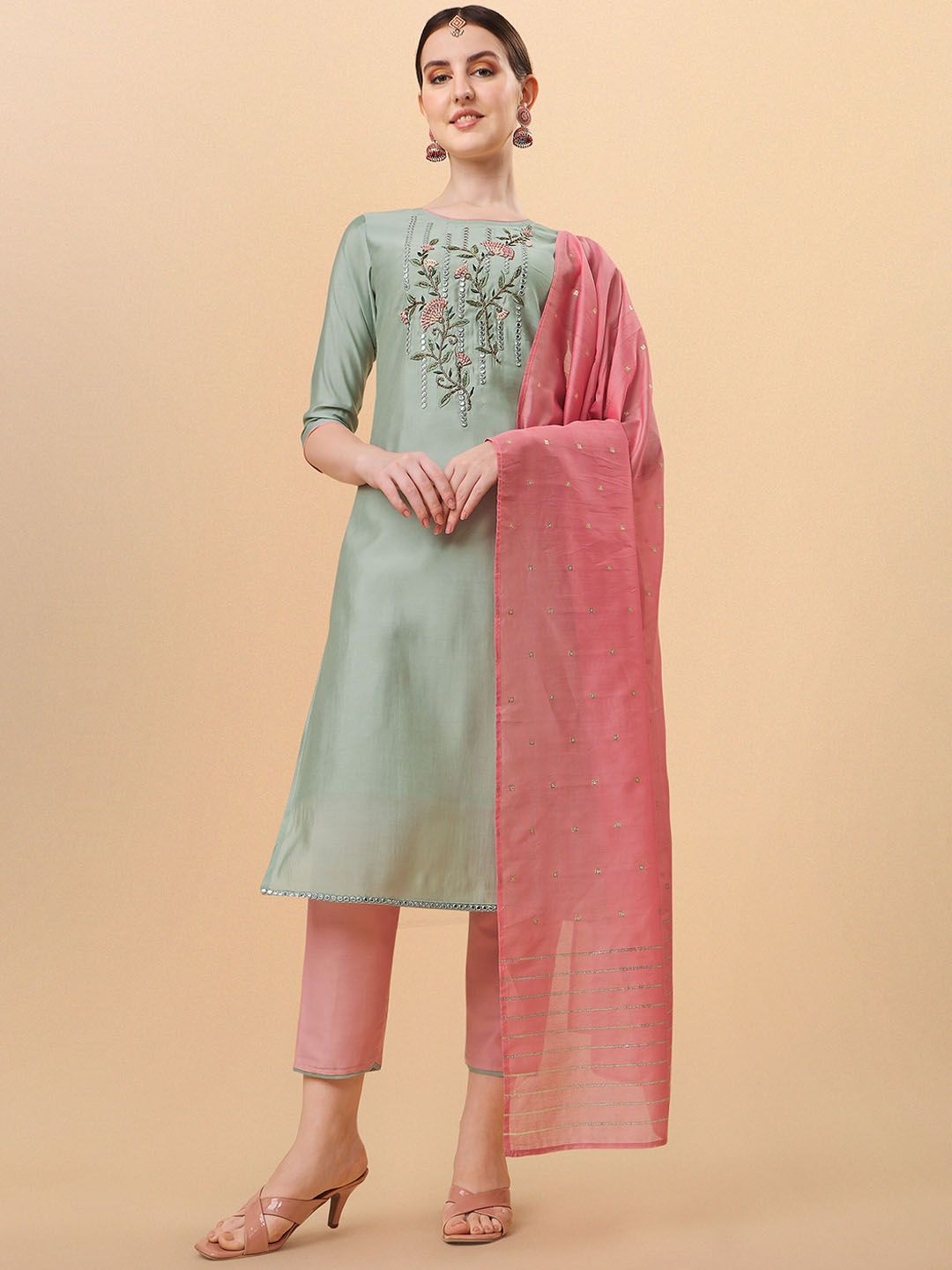 Berrylicious Women Sea Green Floral Embroidered Chanderi Cotton Kurta with Trousers & With Dupatta-picture-32