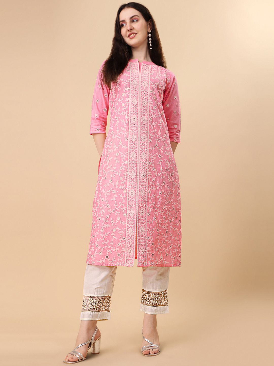 Berrylicious Women Pink Floral Embroidered Chikankari Pure Cotton Kurta with Trousers-picture-27