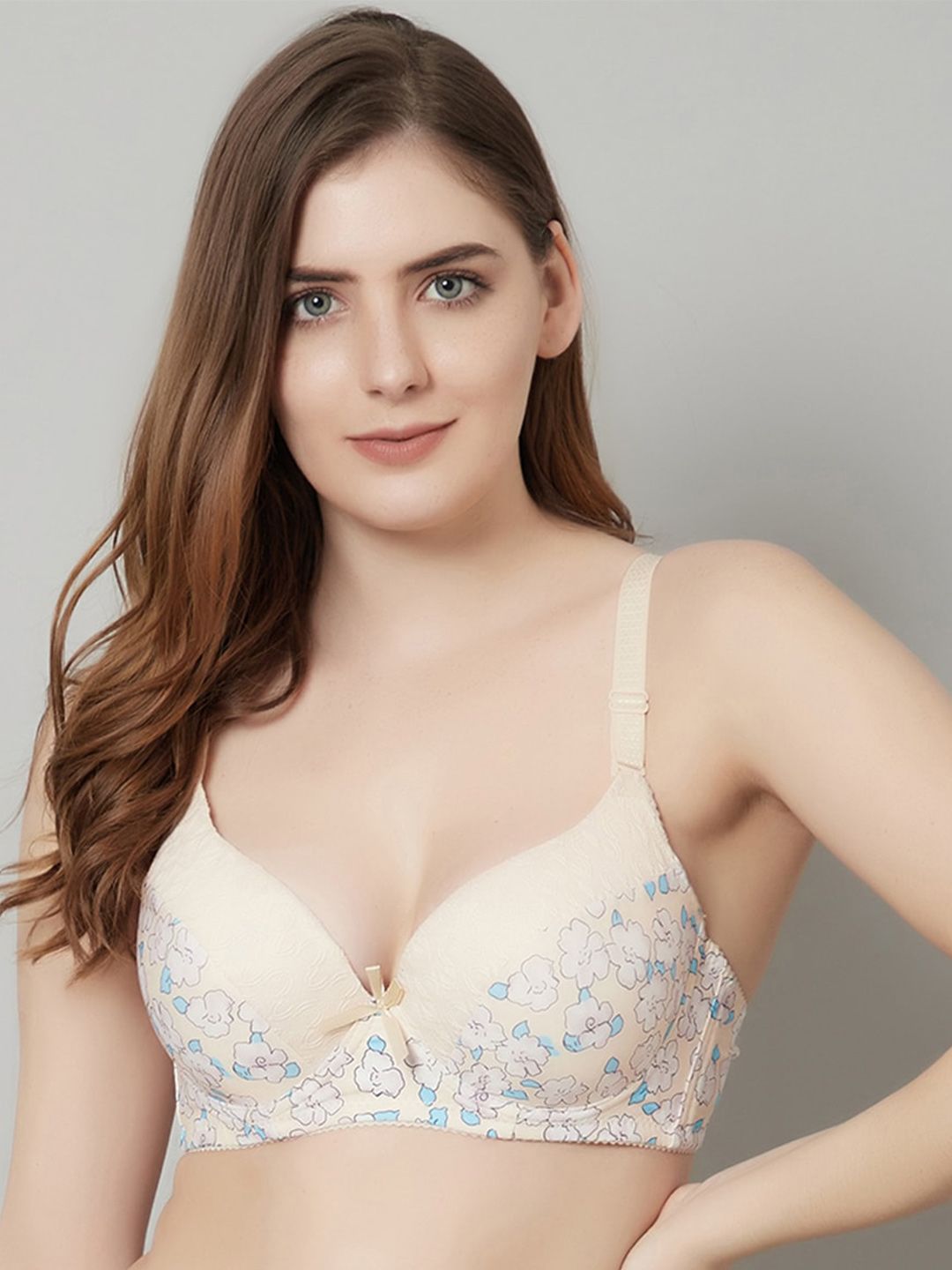 PrettyCat Beige & Blue Floral Underwired Lightly Padded Bra