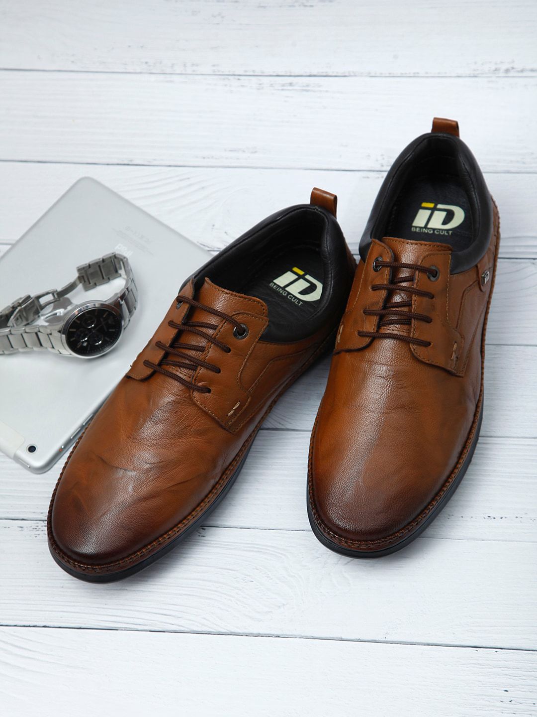 ID Men Tan Brown Leather Formal Derbys-picture-30