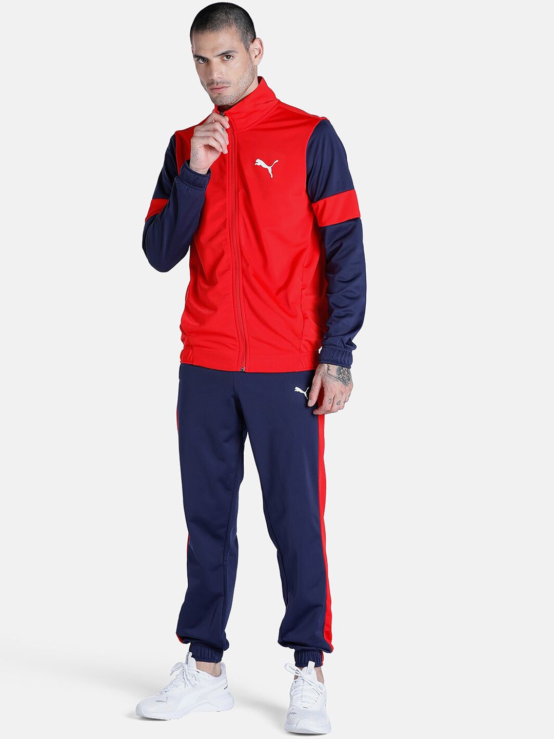 PumaMen Red & Navy Blue Colourblocked Tracksuits-image-13