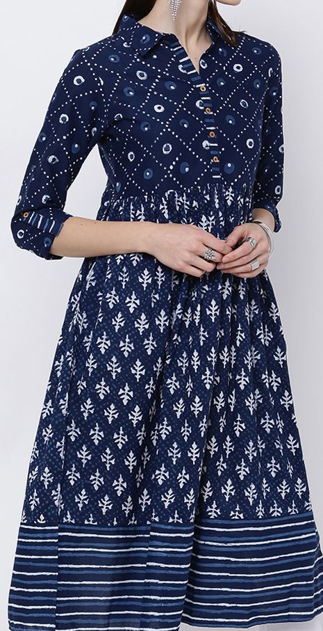 White Sleevless A-Line Kurta With Blue Printed Layer main image 0
