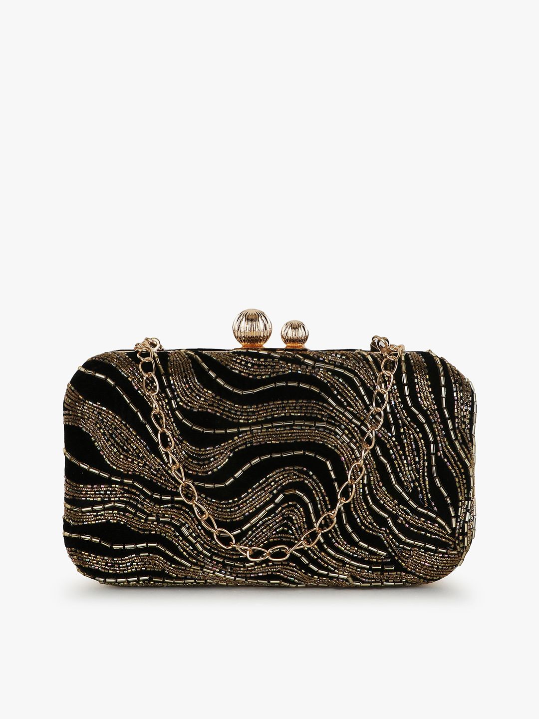 Anekaant Women Black & Gold-Toned Embellished Box Clutch-picture-17