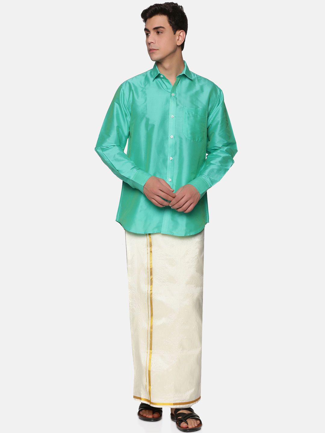 Sethukrishna Men Sea Green & White Clothing Set-picture-43