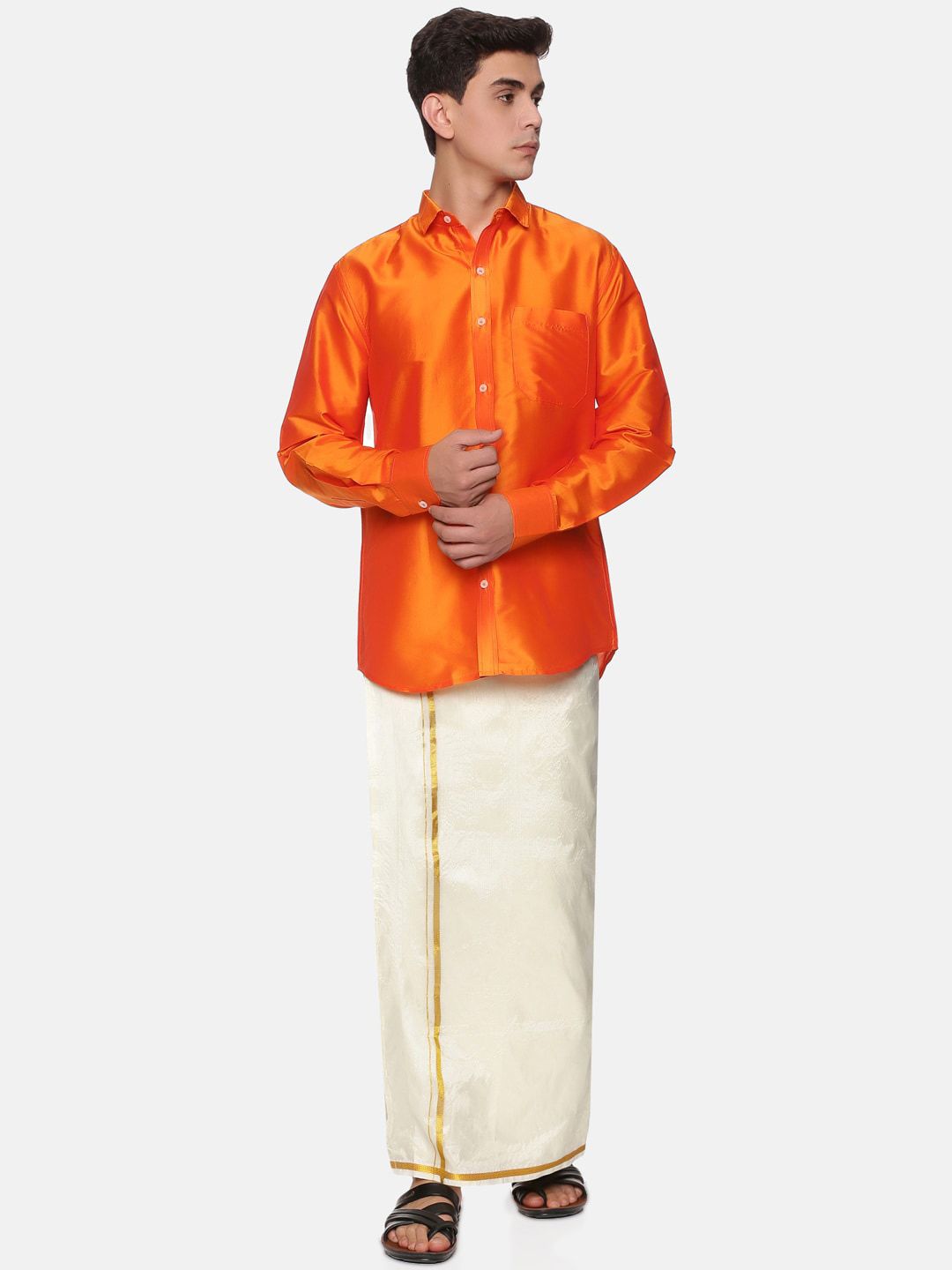 Sethukrishna Men Orange & White Shirt With Dhoti Pants-picture-16