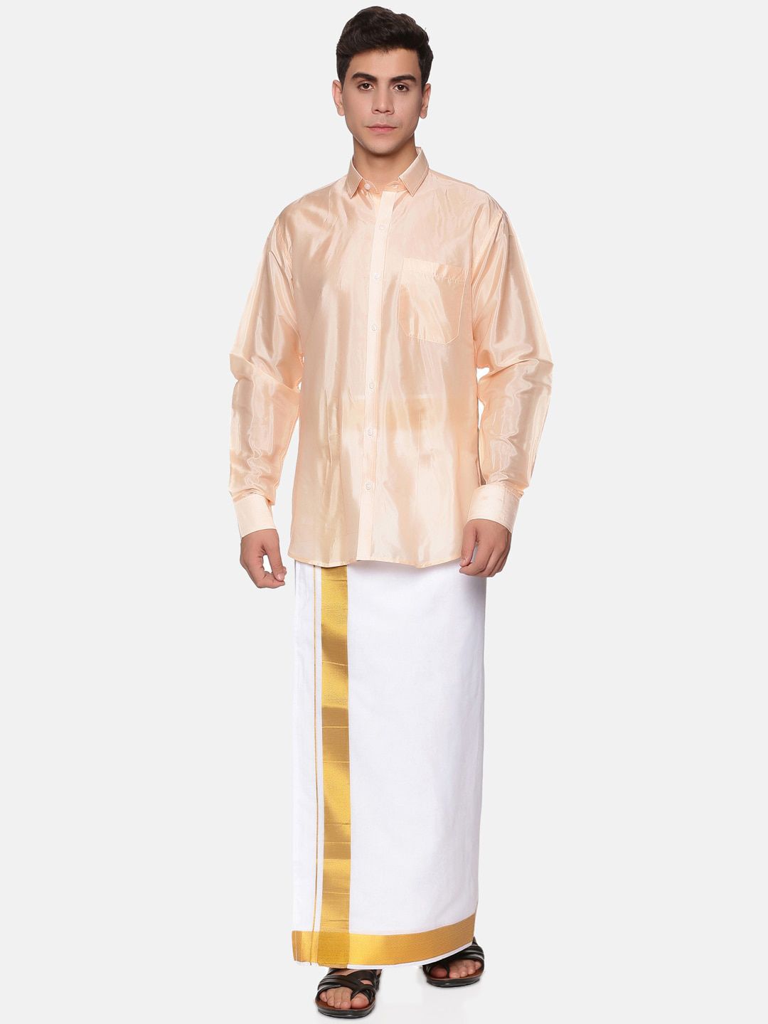Sethukrishna Men Orange & Off White Shirt With Dhoti Pants-picture-19